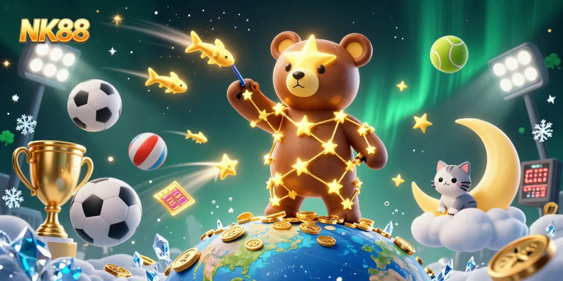 NK88 players engage in thrilling games, surrounded by a vibrant 3D casino atmosphere with sports elements.
