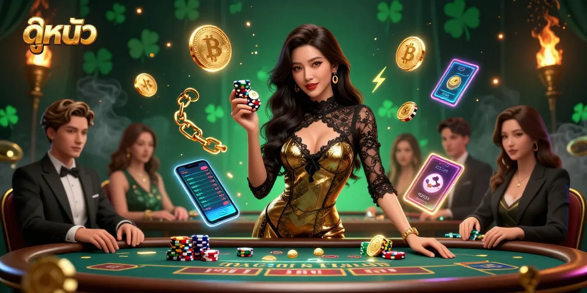 Engage in ดูหนัง through a captivating casino scene featuring a confident player at a baccarat table amid dazzling gaming elements.