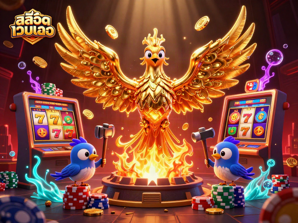 Experience the excitement of สล็อตเว็บตรง with a golden phoenix symbolizing luck amidst vibrant gaming elements.