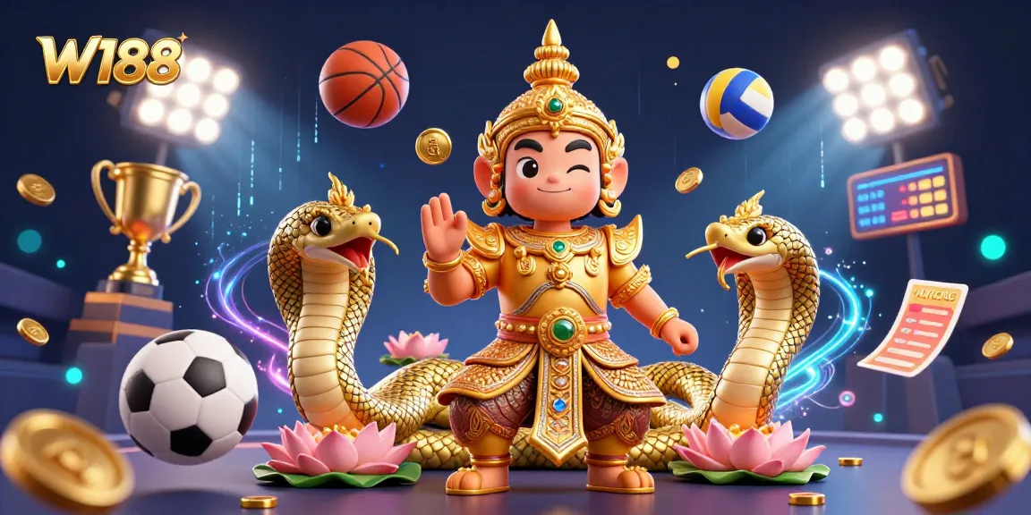 Engage in W188's sports betting excitement with a vibrant 3D casino scene featuring dynamic game elements.