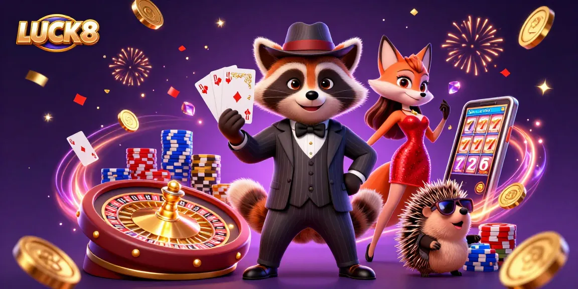 LUCK8 showcases a charming raccoon in a suit holding a royal flush with dazzling casino elements.