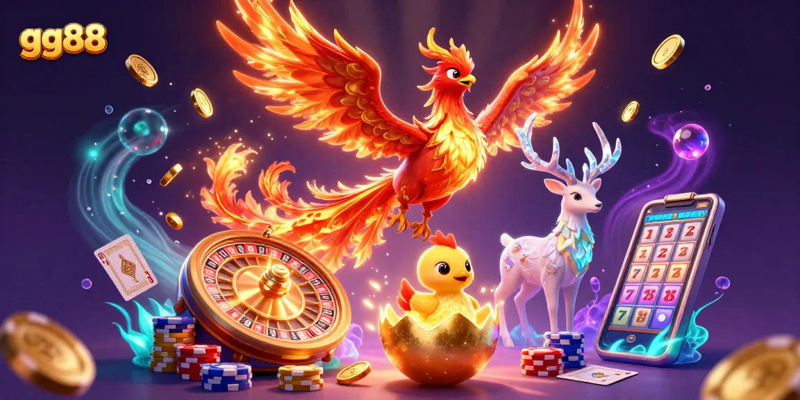 Experience the thrilling world of gg88 with a dynamic scene of a fire phoenix and casino elements.