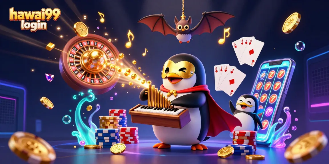 Experience the thrill of hawai99 login with a colorful casino scene of animated characters and vibrant gaming elements.