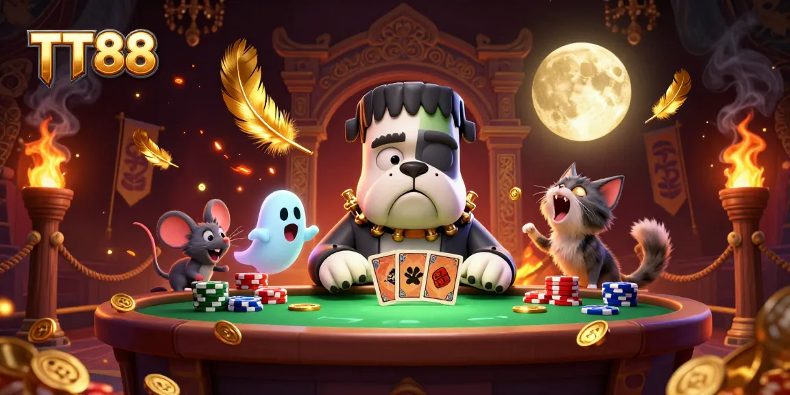 TT88 card dealer character in surreal casino setting with supernatural elements.