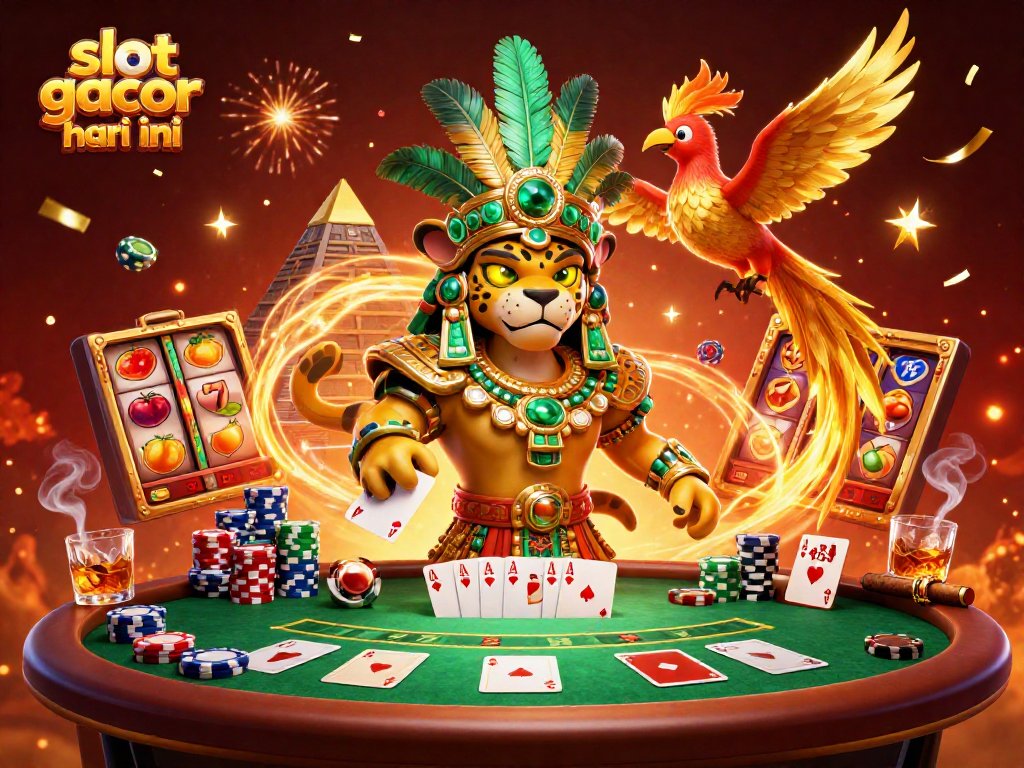 Mainkan slot gacor hari ini dengan karakter Mesoamerika dan elemen kasino berwarna-warni.
