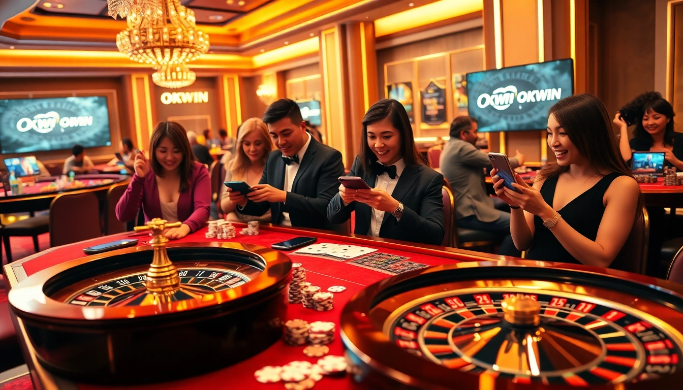 Exciting casino experience at OKWIN with vibrant gaming tables, roulette wheels, and enthusiastic players.