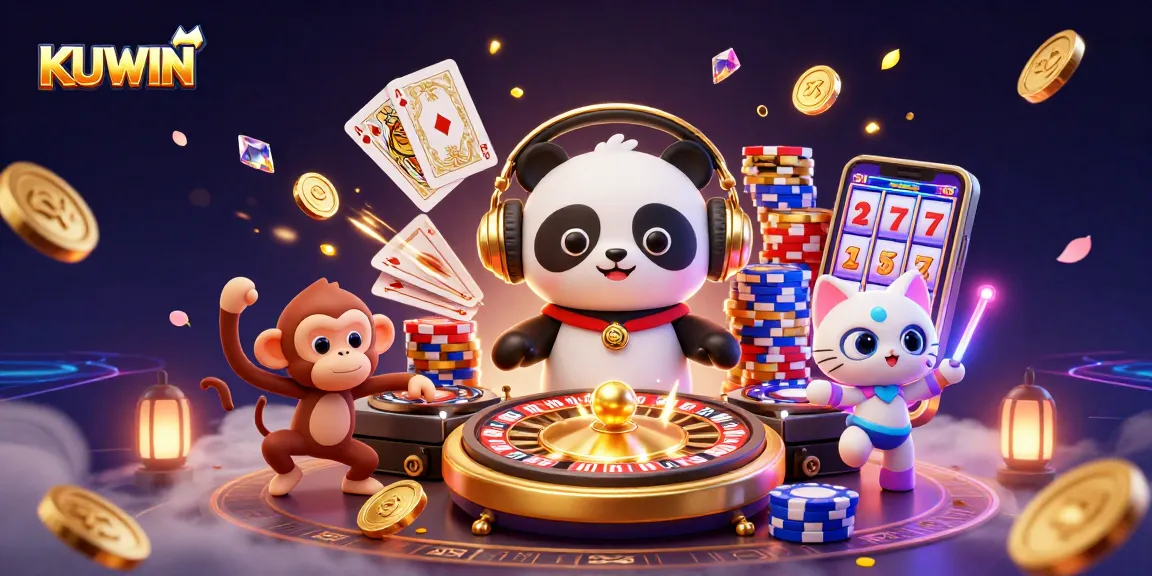 KUWIN showcases thrilling gaming with a DJ panda, dancing monkey, and glowing kitten, amidst vibrant casino elements.