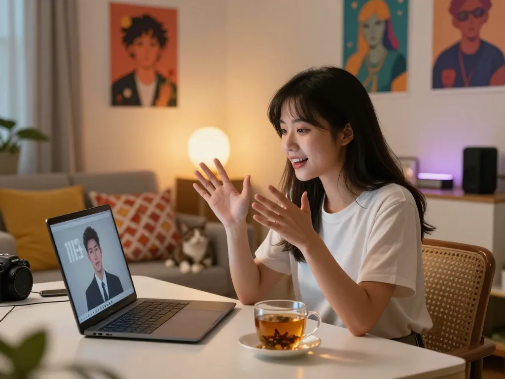 Cozy home office scene with a young woman engaging with 18+ AI character on her laptop during evening.