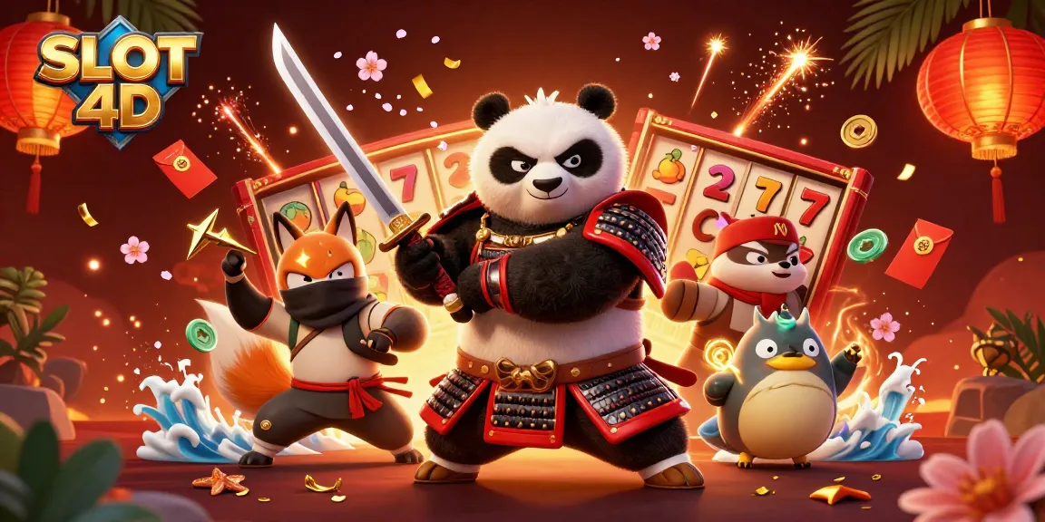 Engage in high-energy gameplay with SLOT 4D as samurai panda and ninja fox celebrate big wins!