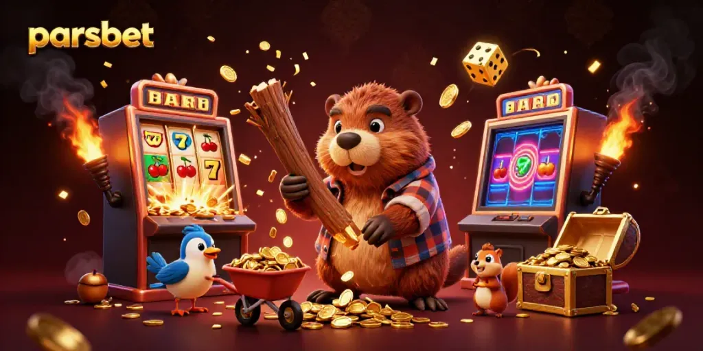 Parsbet ile slot makinesi çevresinde altın madeni paralar toplayan sevimli orman hayvanları.