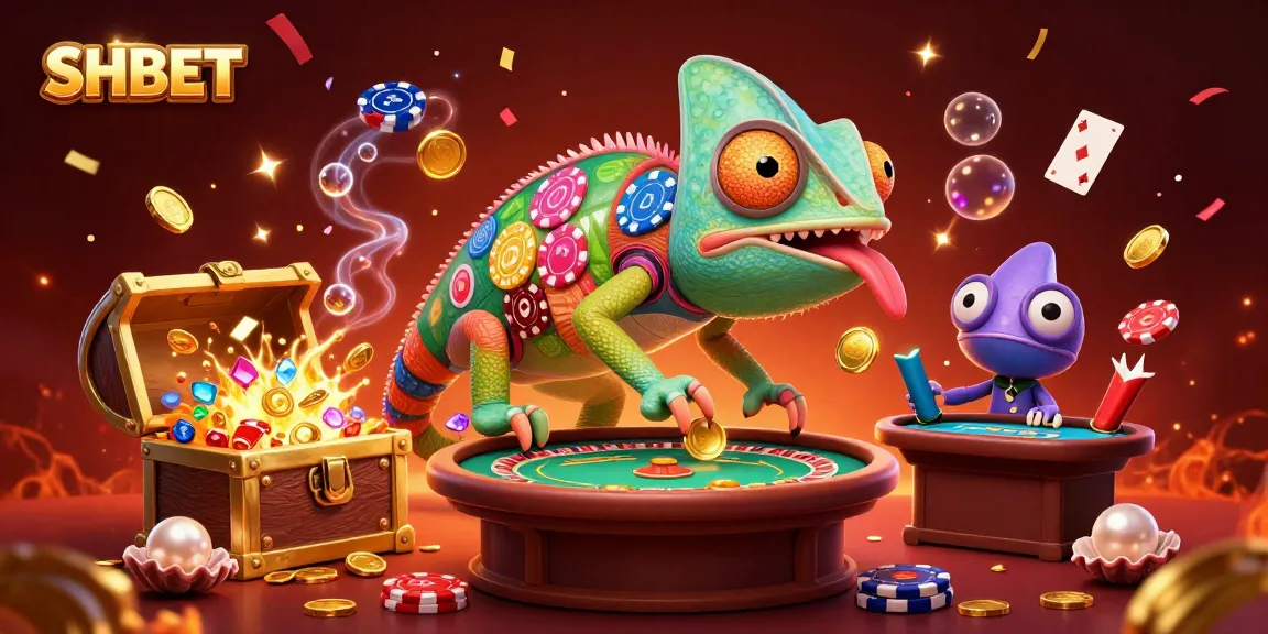 Engage with SHBET’s vibrant casino scene featuring a chameleon owner and gold treasures.
