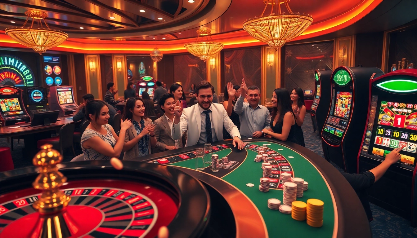 S8 nhà cái engaging players at an opulent casino table surrounded by vibrant gaming options.