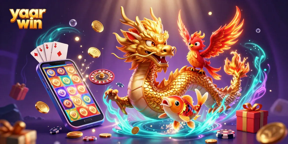 Experience the thrill of the yaar win adventure with vivid 3D illustration of dragon, phoenix, and koi fish.