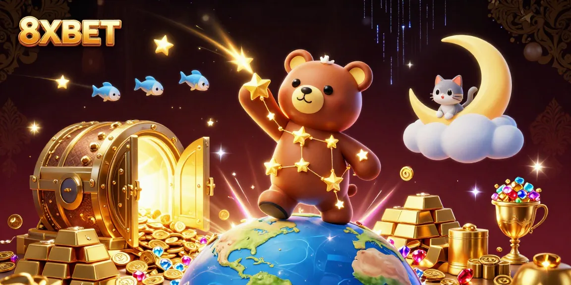 8XBET offers a vibrant 3D casino scene with a constellation bear collecting coins and treasure.