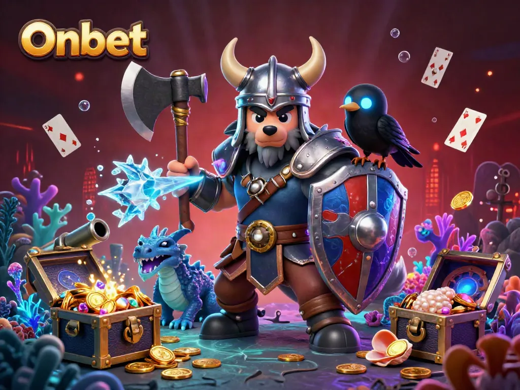Experience thrilling gameplay with Onbet, featuring a Viking warrior and magical dragon amidst treasure and gaming symbols.