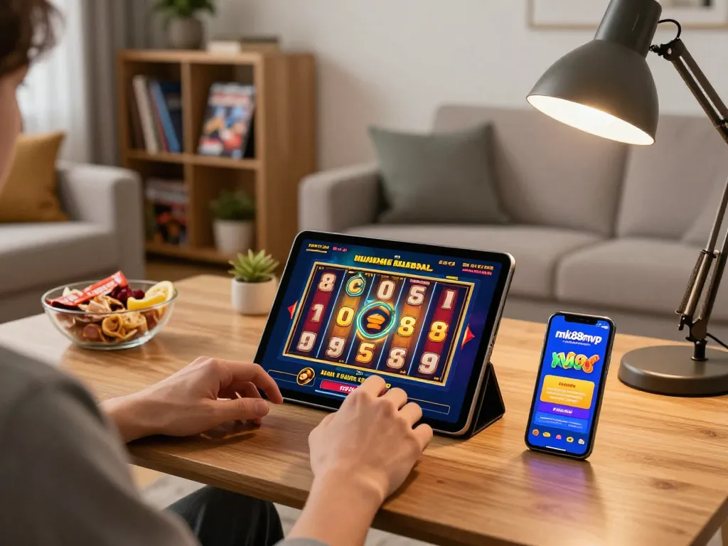 Navigating slot spins on nk88mvp online app in a cozy home environment.