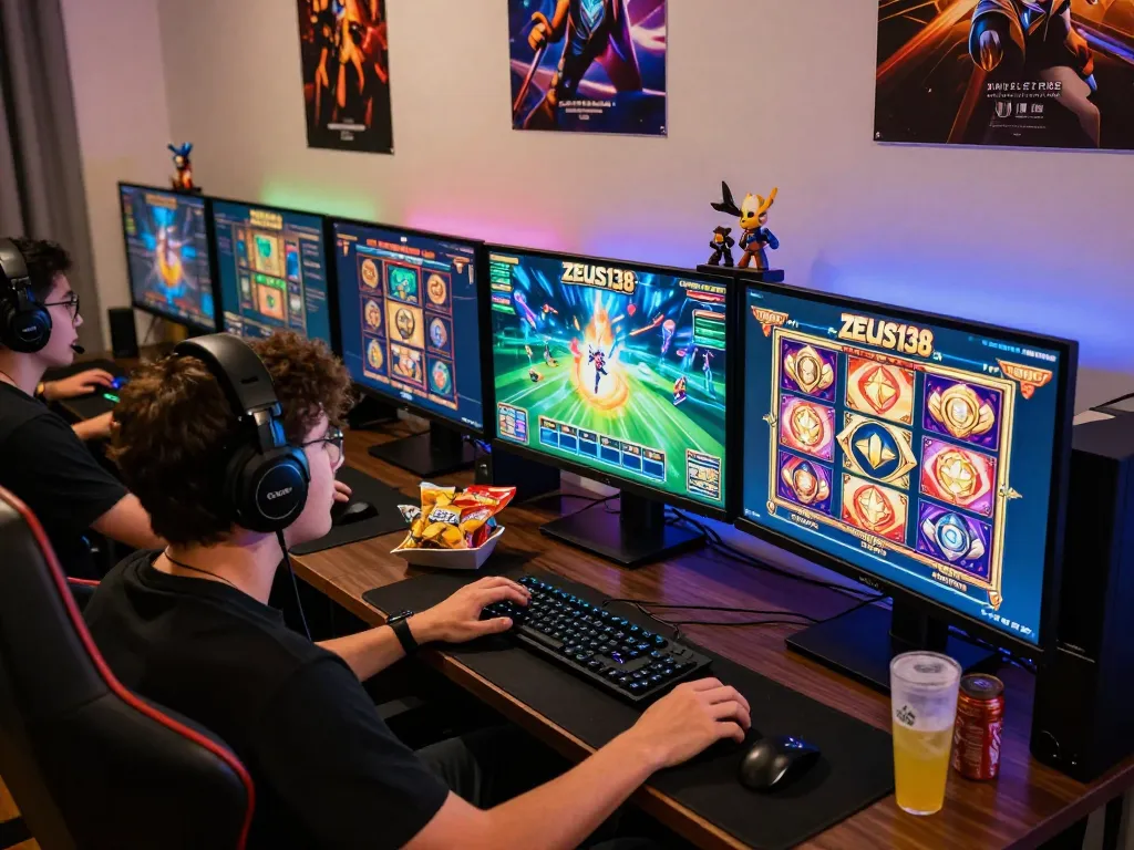 Immerse in Zeus138 online slot gaming with vibrant graphics and an energetic setup.