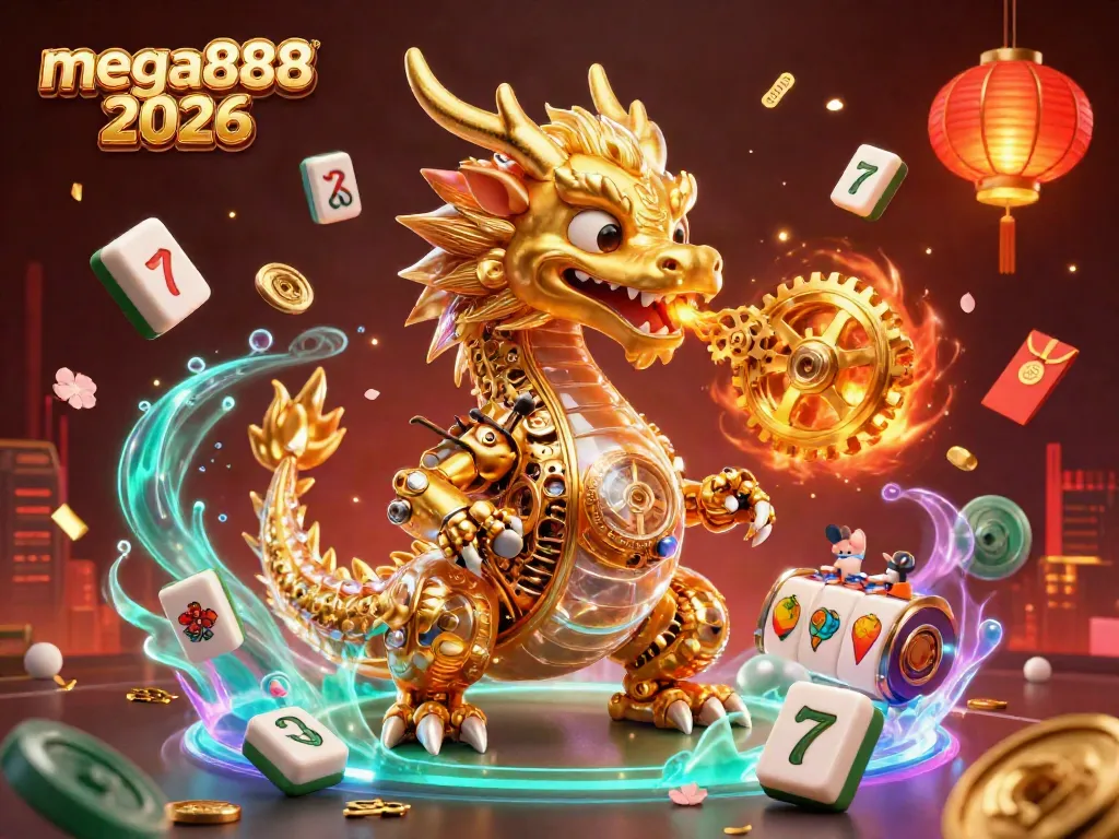 Experience mega888 2026 with dynamic slot reels, golden dragon, and vibrant casino elements.