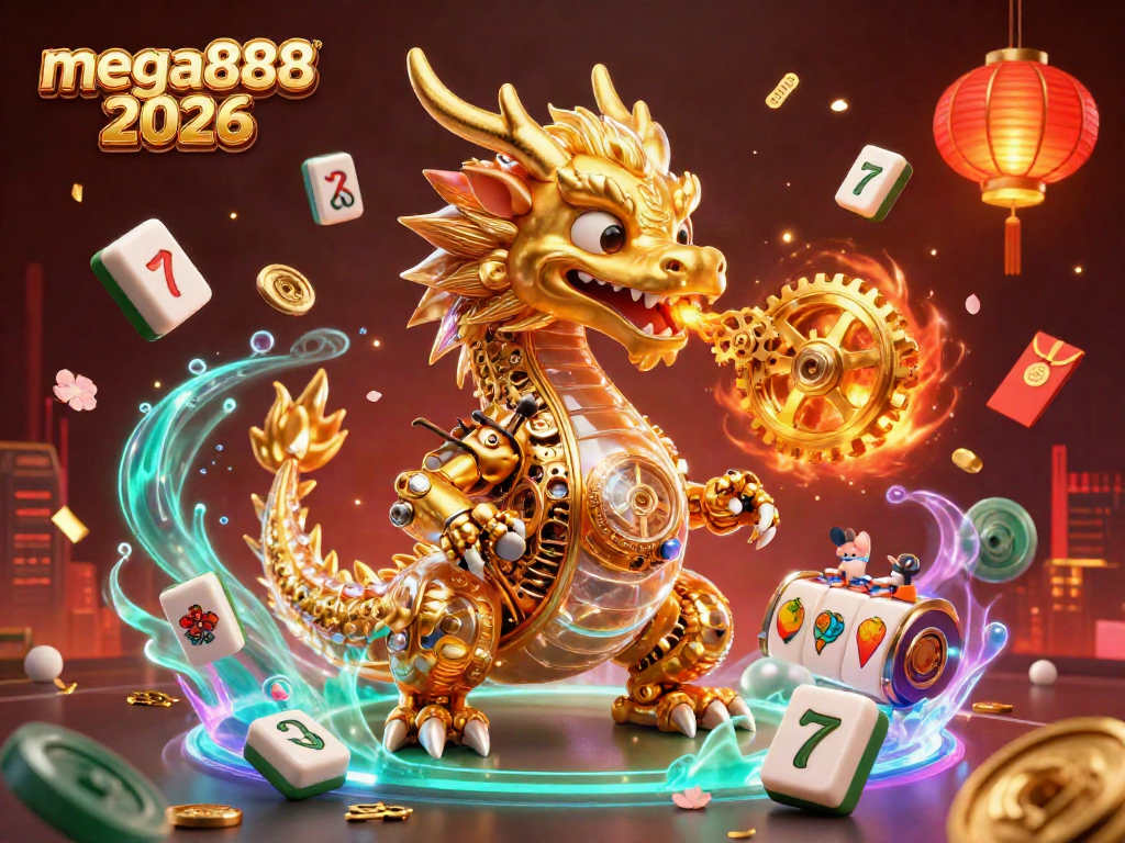 Experience mega888 2026 with dynamic slot reels, golden dragon, and vibrant casino elements.