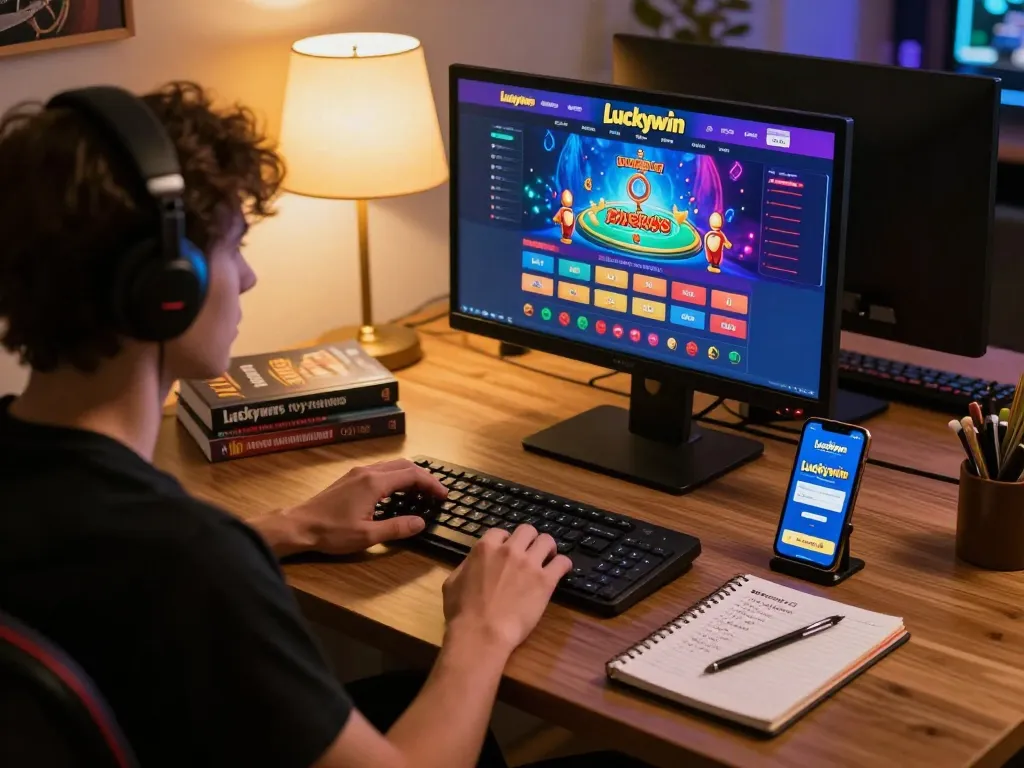 Engaging online gaming session on https://luckywin.solutions/ with player strategizing bets at a modern desk.