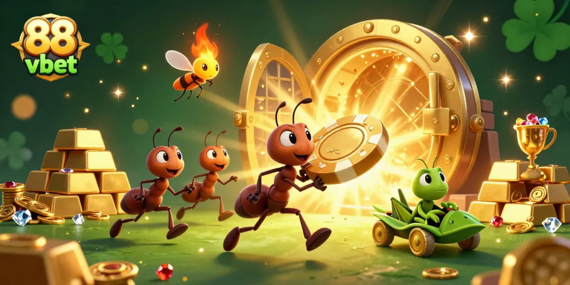 Join the adventure with 88 vbet and the cartoon team of ants in a vibrant casino heist scene.