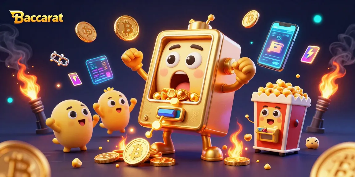 Baccarat slot machine celebrates a jackpot win with gleaming coins, amidst colorful cryptocurrency elements.