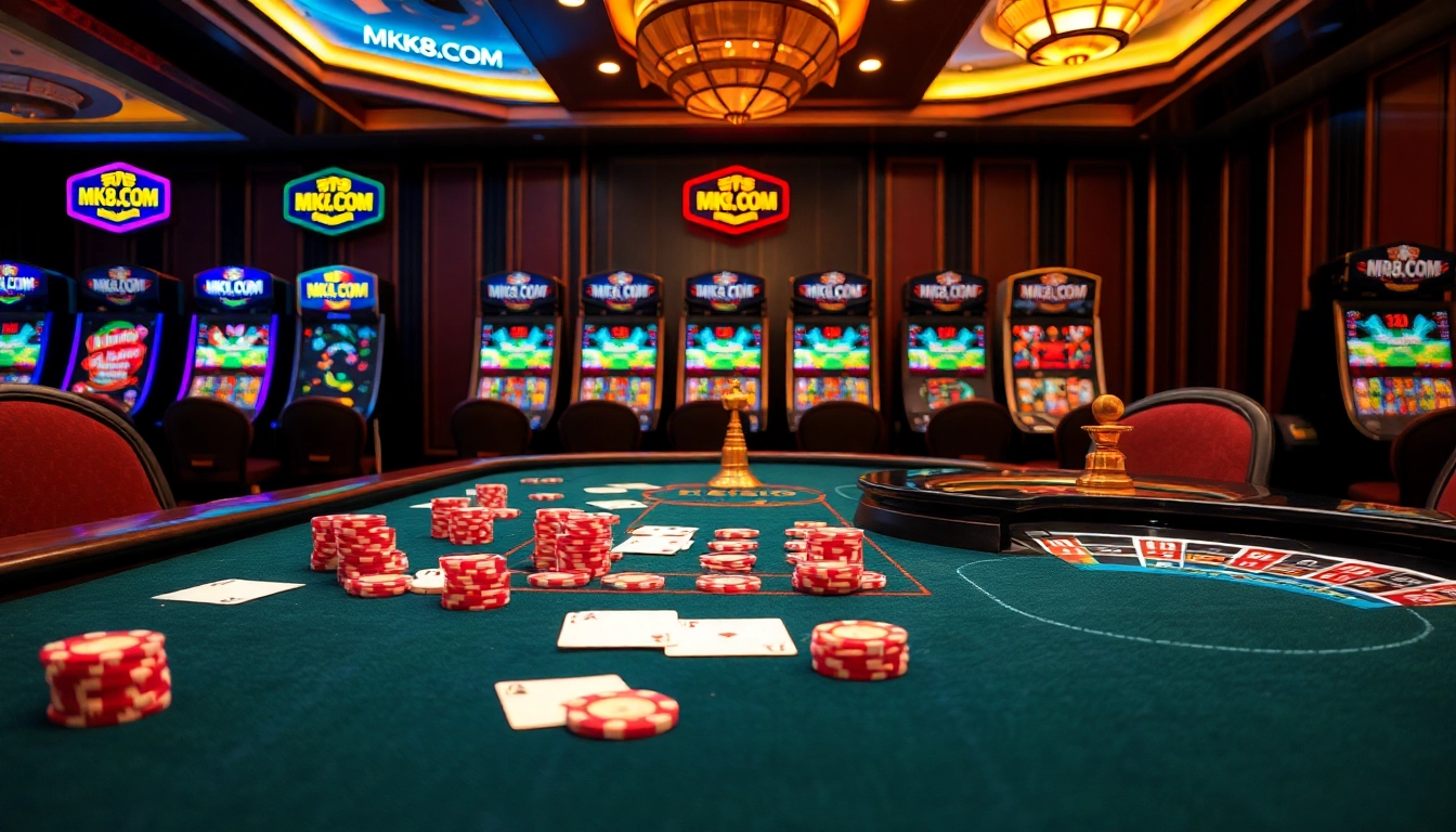 Engage in thrilling bets at MK8.COM featuring a luxurious poker table and vibrant casino atmosphere.