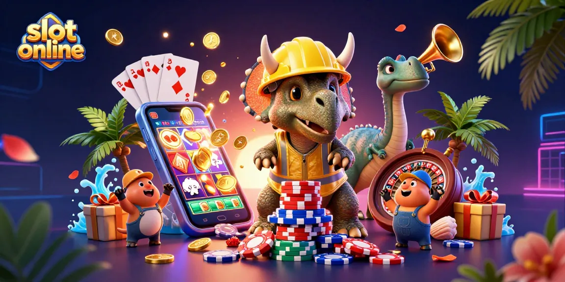 Engage in thrilling slot online adventures with a vibrant illustration featuring a triceratops and gaming elements.