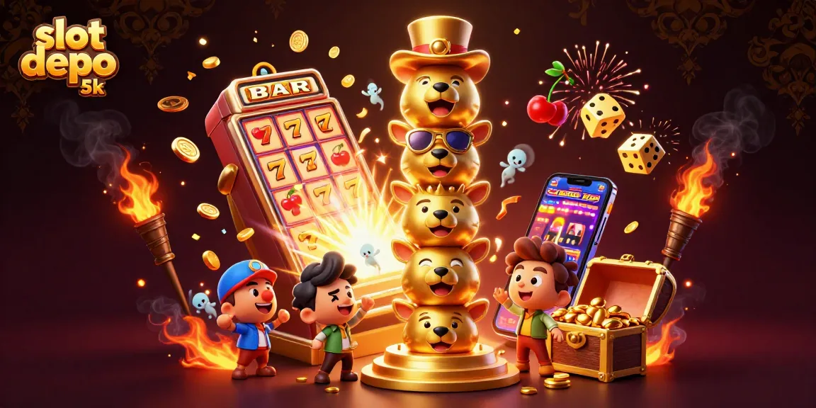 Menangkan jackpot di slot depo 5k dengan tampilan megah mesin slot dan simbol keberuntungan.