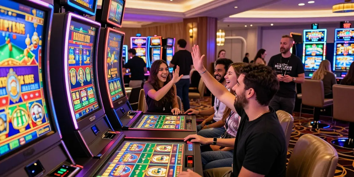 Players enjoying bonus buy slots in a lively casino atmosphere, showcasing excitement and instant wins.