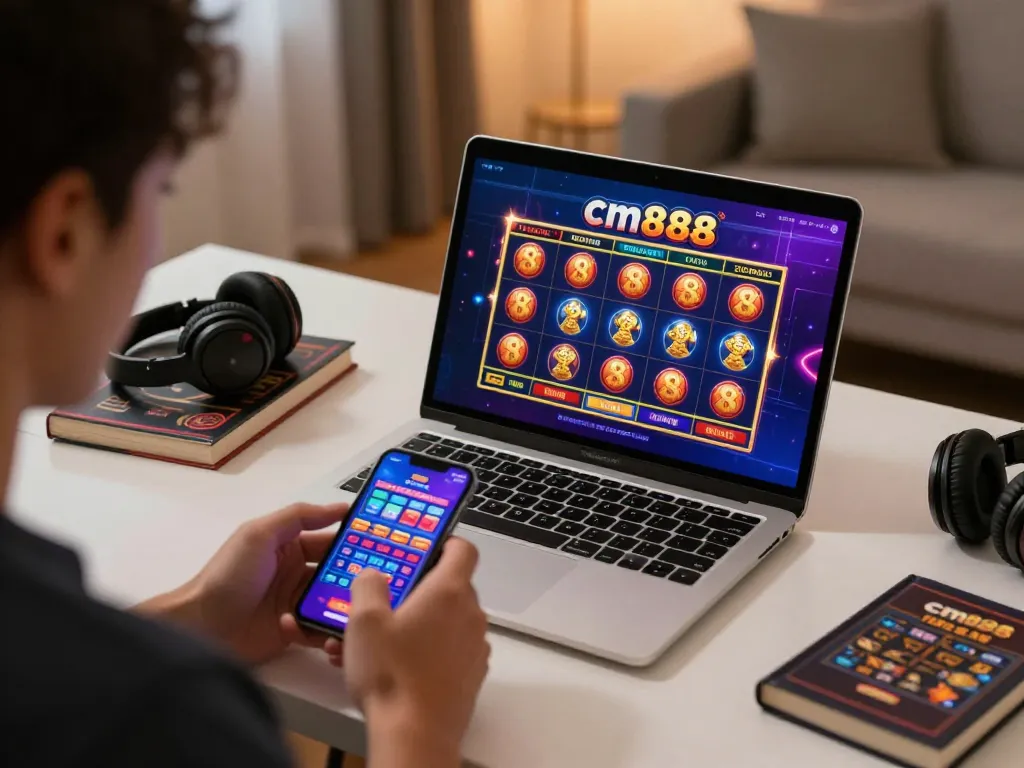 Engaging gameplay on cm888 slot game displayed on laptop, with user placing bets on smartphone.
