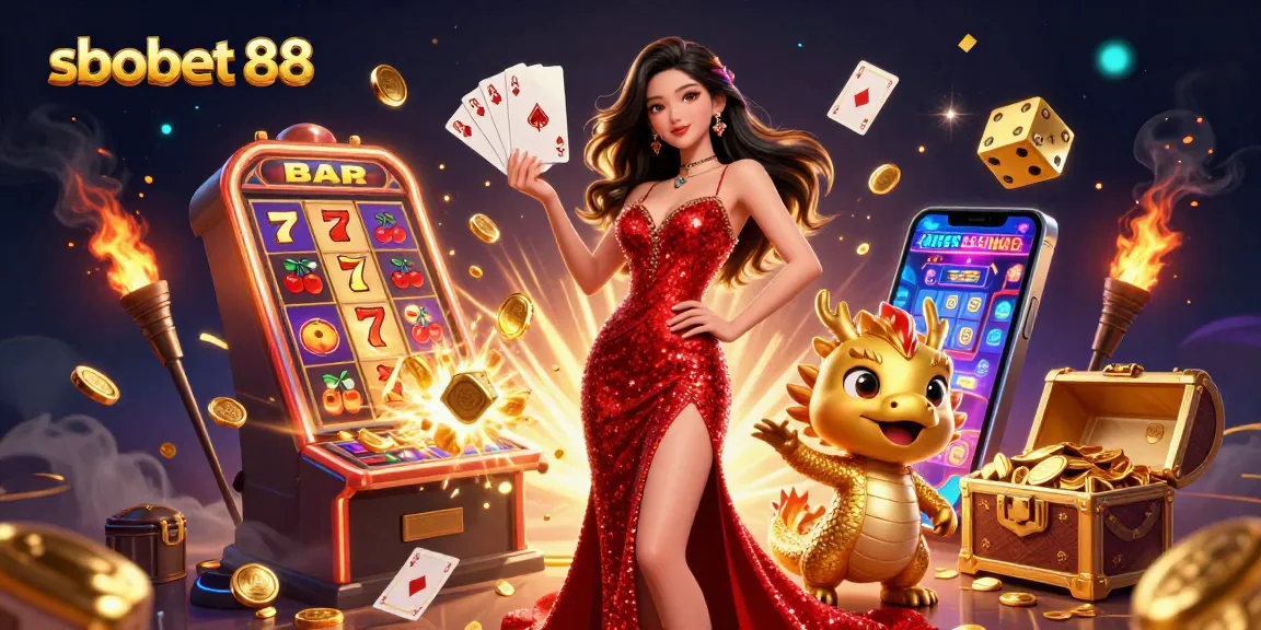 Experience sbobet 88 with a glamorous Asian woman and dynamic casino elements surrounding her.