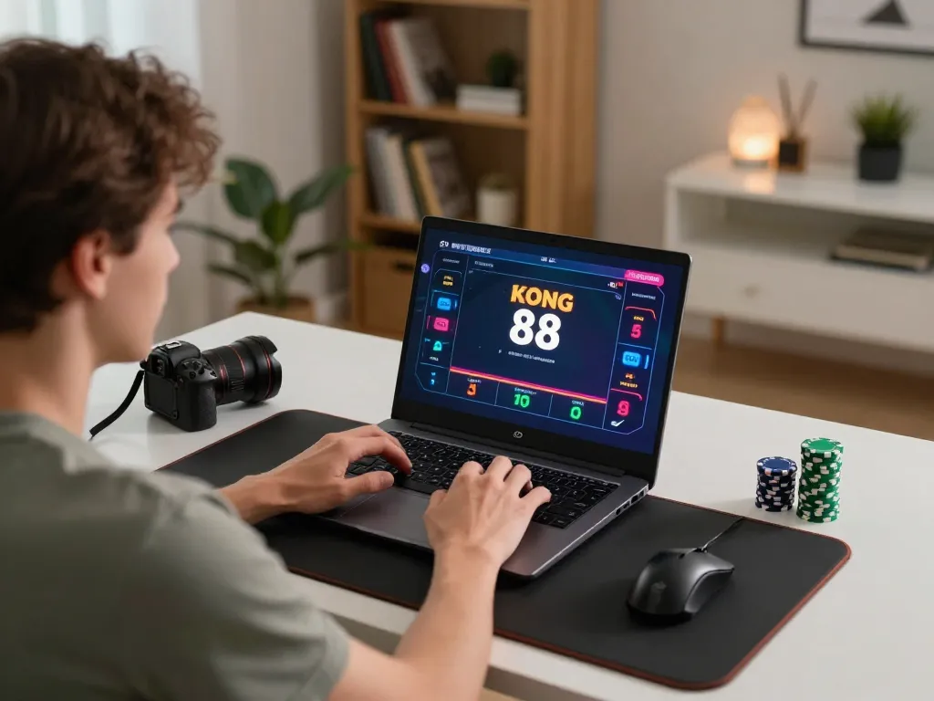 KONG 88 player enjoying an online poker game on a sleek laptop in a cozy home setting.