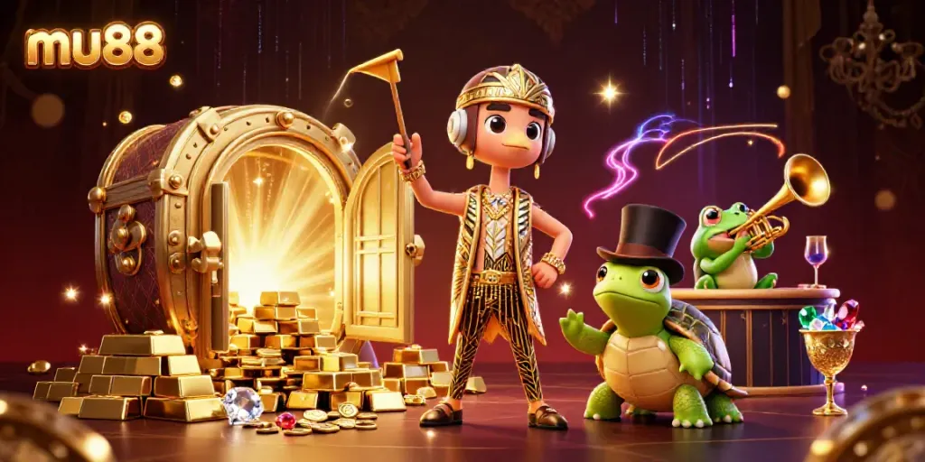 Engage with mu88's lively atmosphere, featuring a whimsical scene of a top-hat turtle and trumpet-playing frog amidst gold treasures.