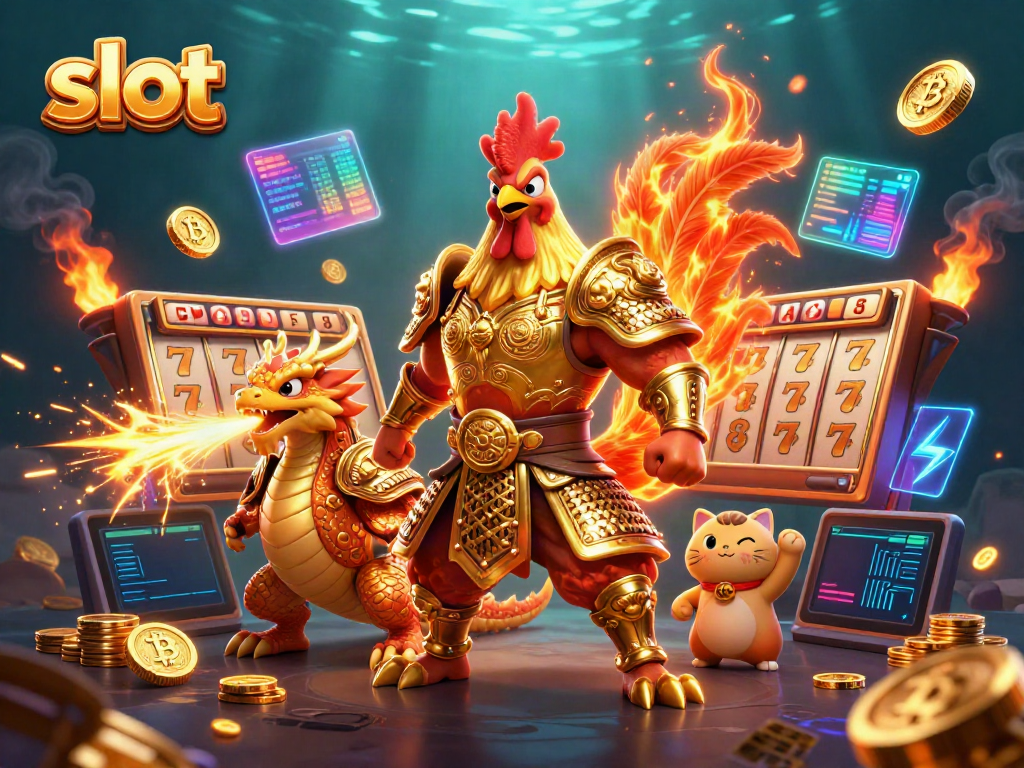Menggulung slot dengan rooster pejuang dan naga, dikelilingi koin Bitcoin dan Ethereum.