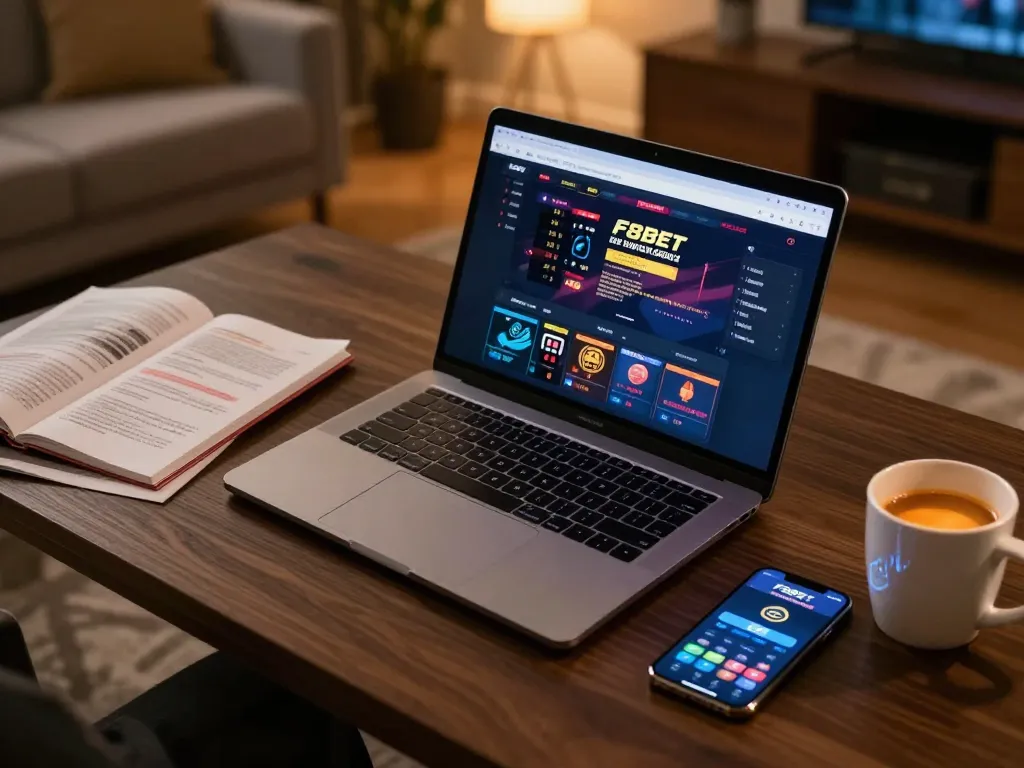 Engaging online gaming scene showcasing F8BET casino interface on a laptop in a cozy workspace