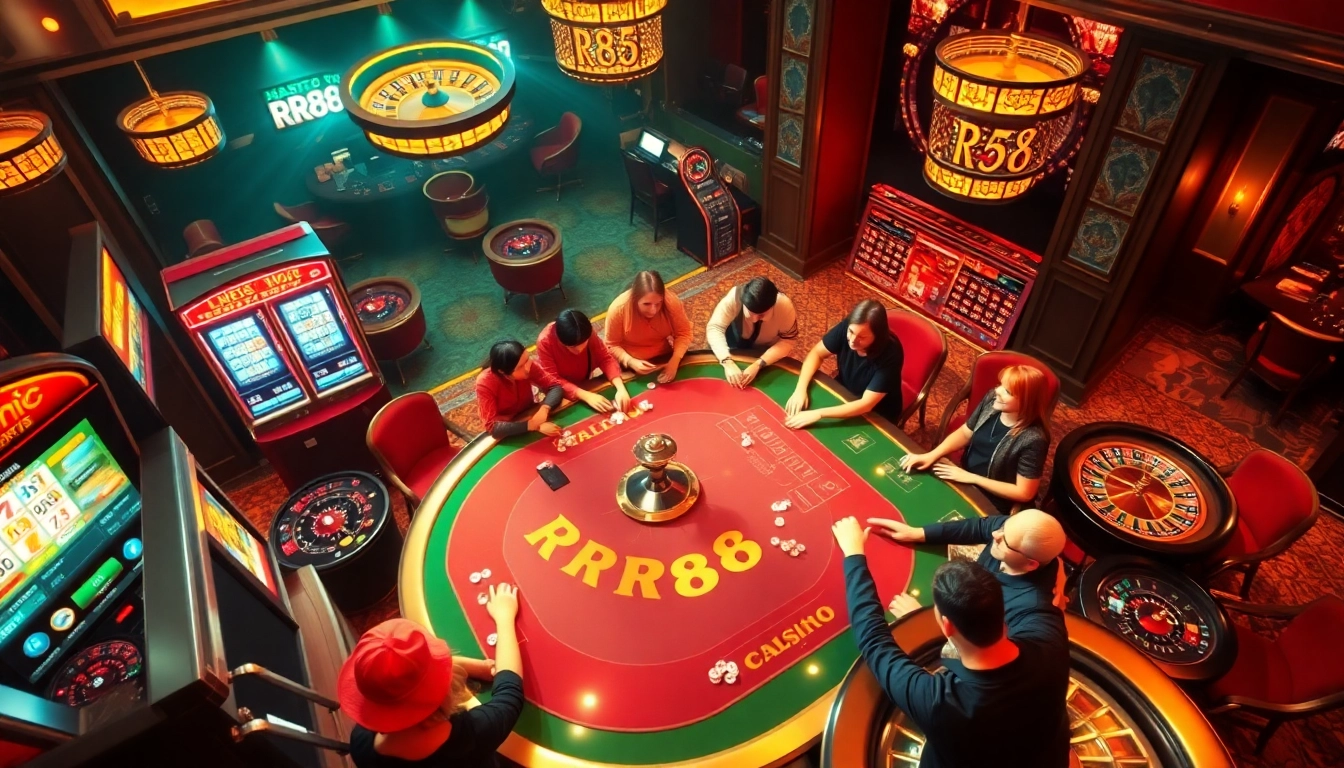 Players enjoying high-stakes action at an RR88-themed casino table with glamorous elements