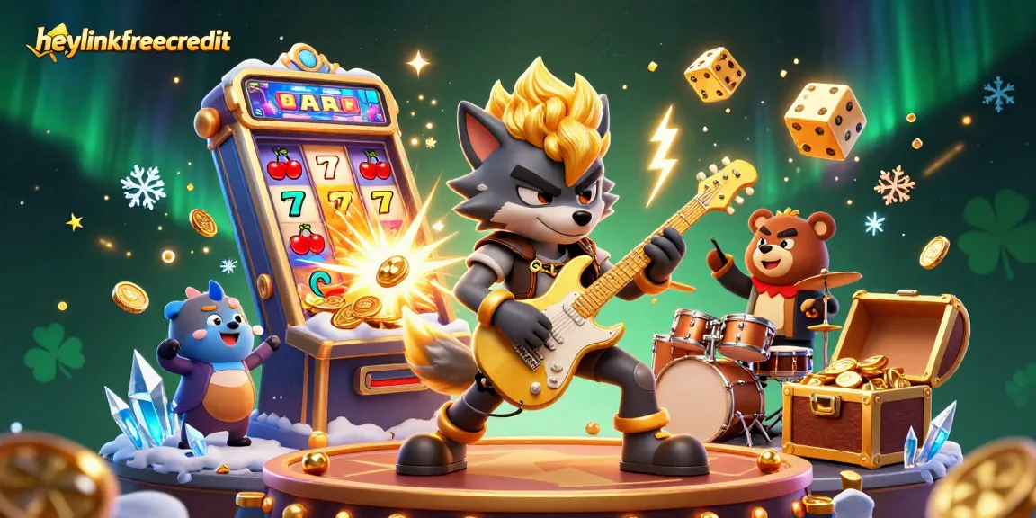 Engage with heylinkfreecredit in a dynamic casino scene featuring a rock star wolf and a bear drummer.