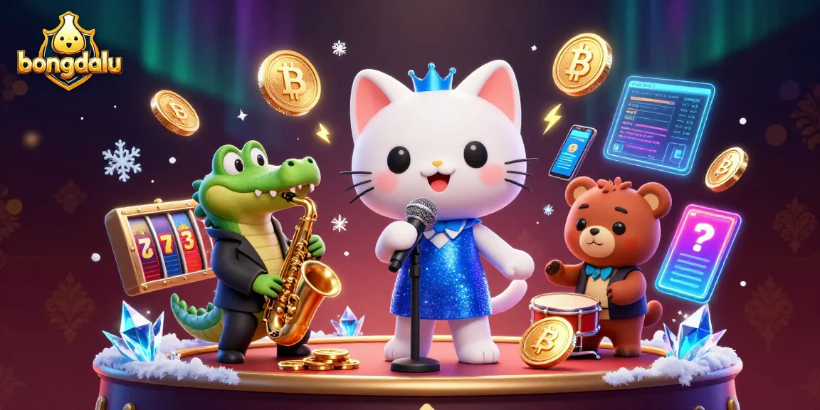 Engage with bongdalu's vibrant cartoon scene showcasing a jazz-singer cat, saxophone crocodile, and drum bear amidst casino action.
