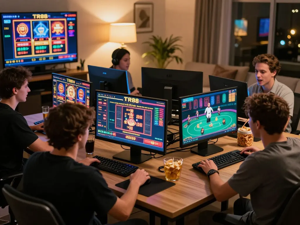 Players using the TR88 platform for slots and poker in a lively gaming session.