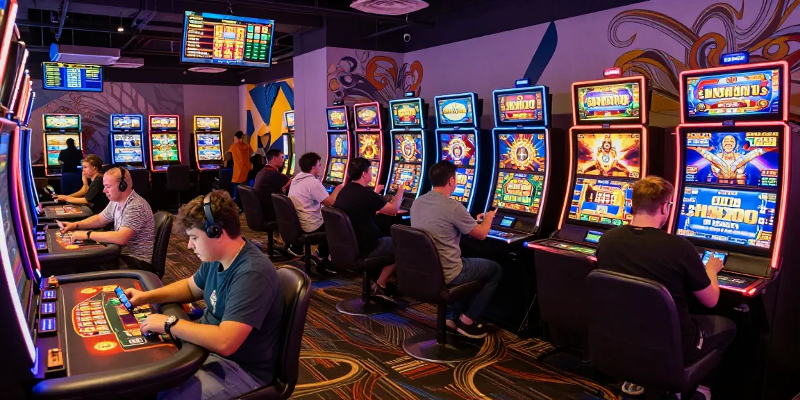 Pajaktoto slot gaming scene highlighting virtual casino excitement with diverse players, colorful lights, and engaging game displays.