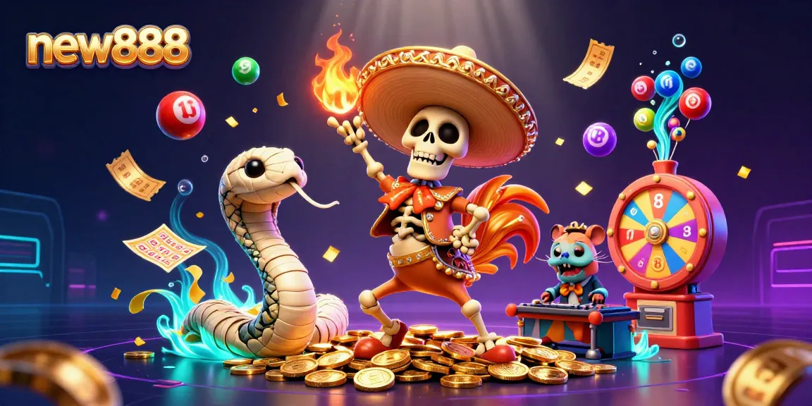 Experience winning strategies at new888 with colorful casino-themed characters and elements in a dynamic scene.