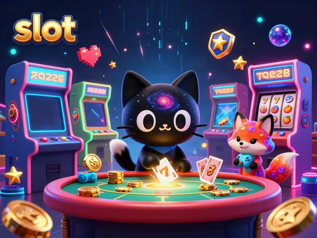 Experience thrilling slots at a cosmic casino featuring a swirling black hole cat and colorful game elements.