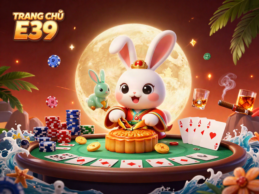 Engage in exhilarating gaming at TRANG CHỦ E39 with a rich 3D illustration of vibrant poker action.