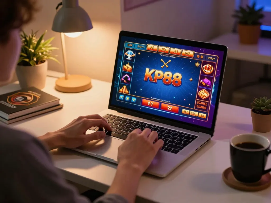 Engaged player enjoying the kp88 game on a laptop in a cozy, warm home environment