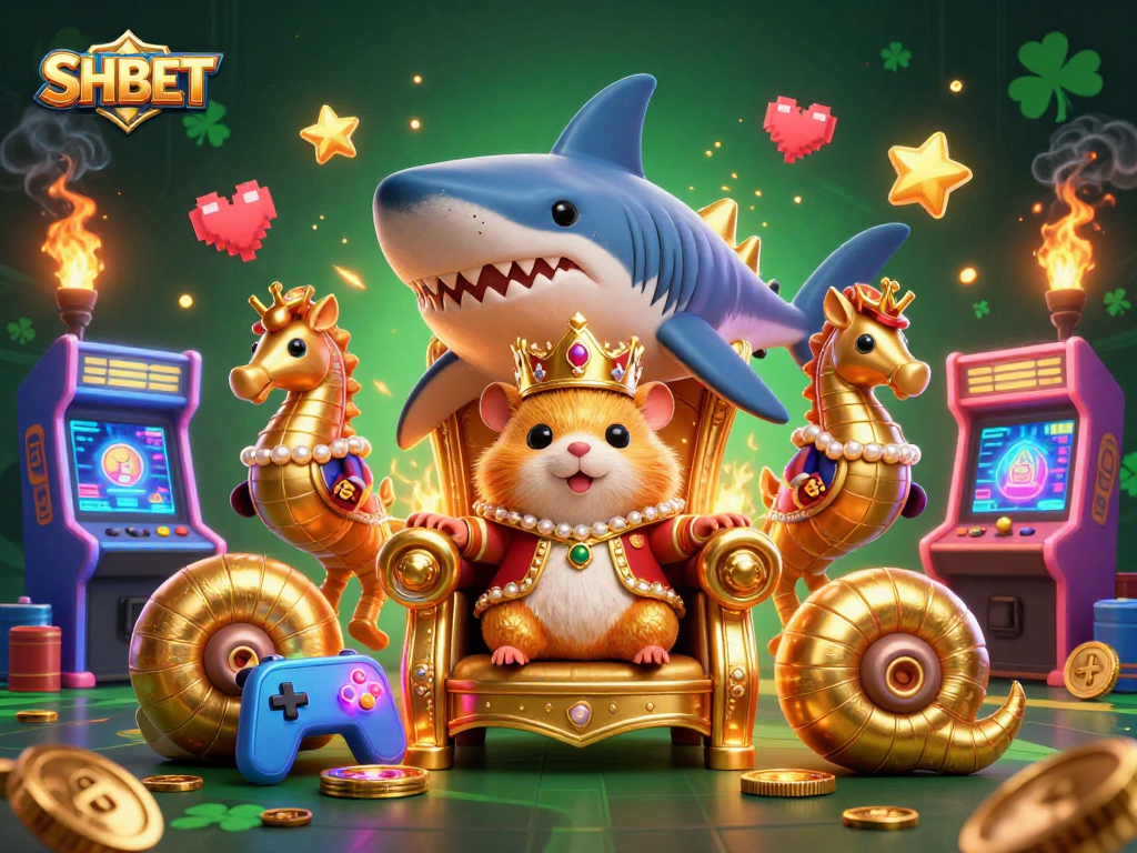 Experience thrilling gameplay at SHBET with a majestic golden hamster king surrounded by gaming excitement.