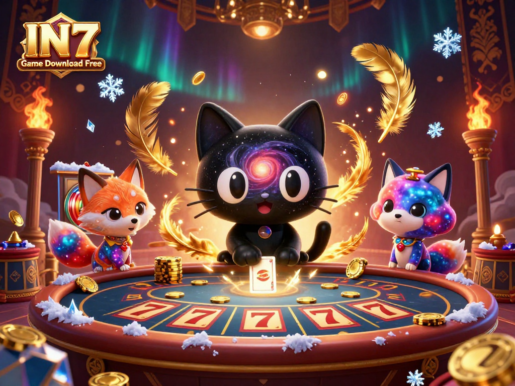 Play the IN7 Game Download Free with this captivating cosmic casino scene featuring a black hole cat.