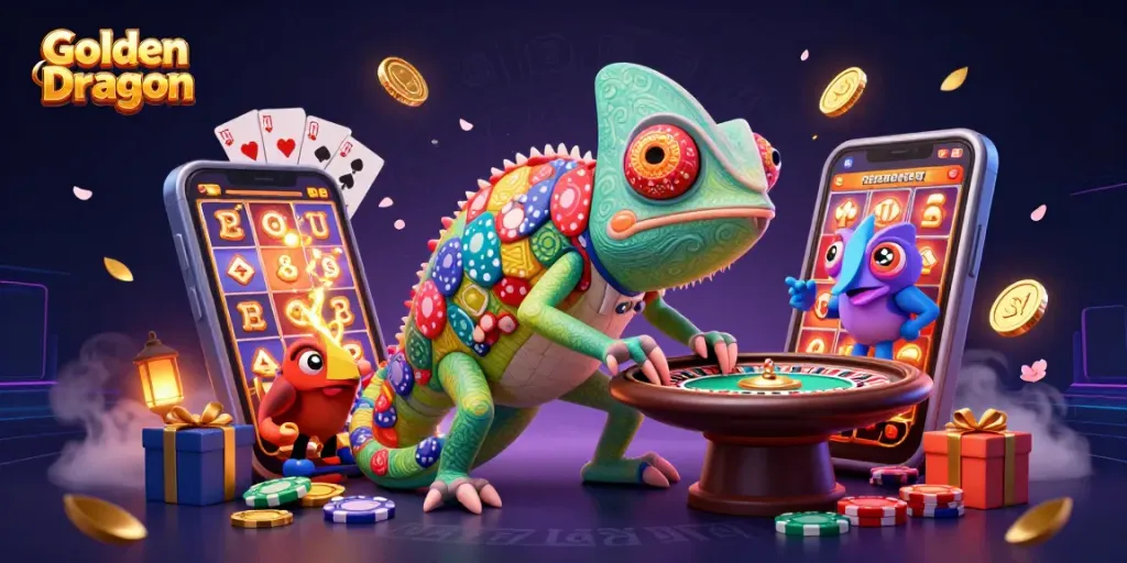 การเล่นเกมสล็อต Golden Dragon พร้อมกับชิปโป๊กเกอร์และเหรียญทองในบรรยากาศคาสิโน