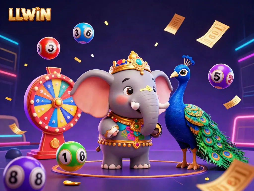 Experience the gaming excitement of LLWIN with a vibrant 3D cartoon elephant and dynamic gambling elements.