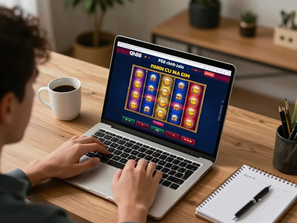 Engaging online gaming scene featuring Qh88 chính thức casino interface on a laptop, showcasing dynamic slot gameplay.